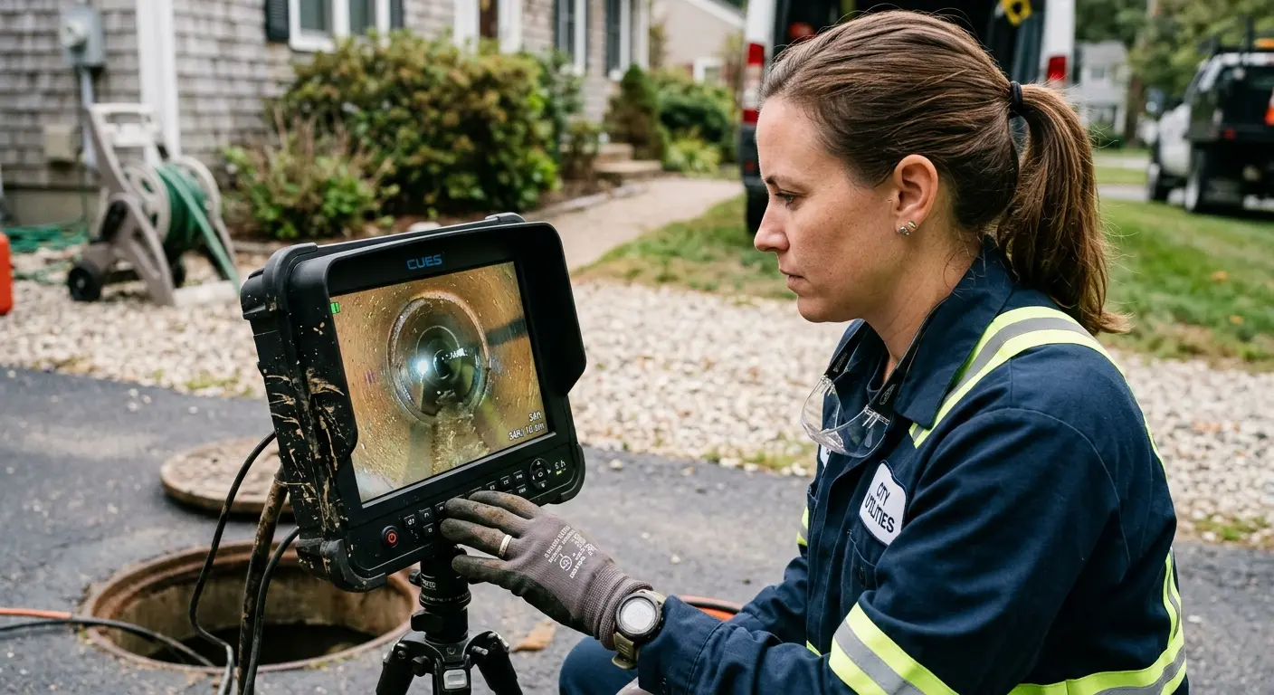 Technician reviewing sewer camera inspection footage in Holland